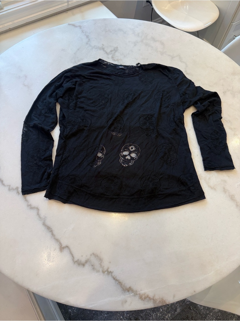 Terez Black Long-Sleeve sheer Skulls throughout Tee with raw neck and hem